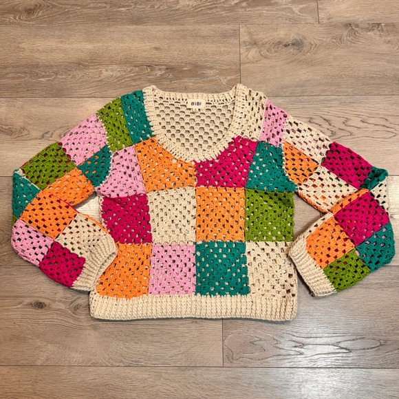 BiBi Sweaters - BiBi Crochet Patchwork Granny‎ Square Sweater V-Neck Multi-Color Boho Small S